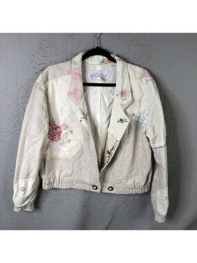 KAS Originals Jacket Womens M Beige Embroidered Linen Granny Core Victorian